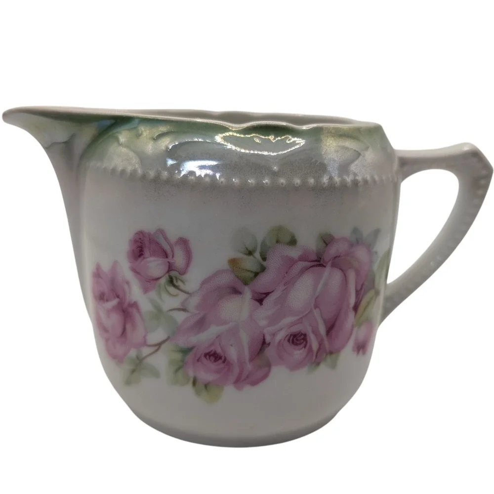 Vintage Creamer Pitcher Pink Flowers Roses‎ Hand Painted Germany Textured Dots